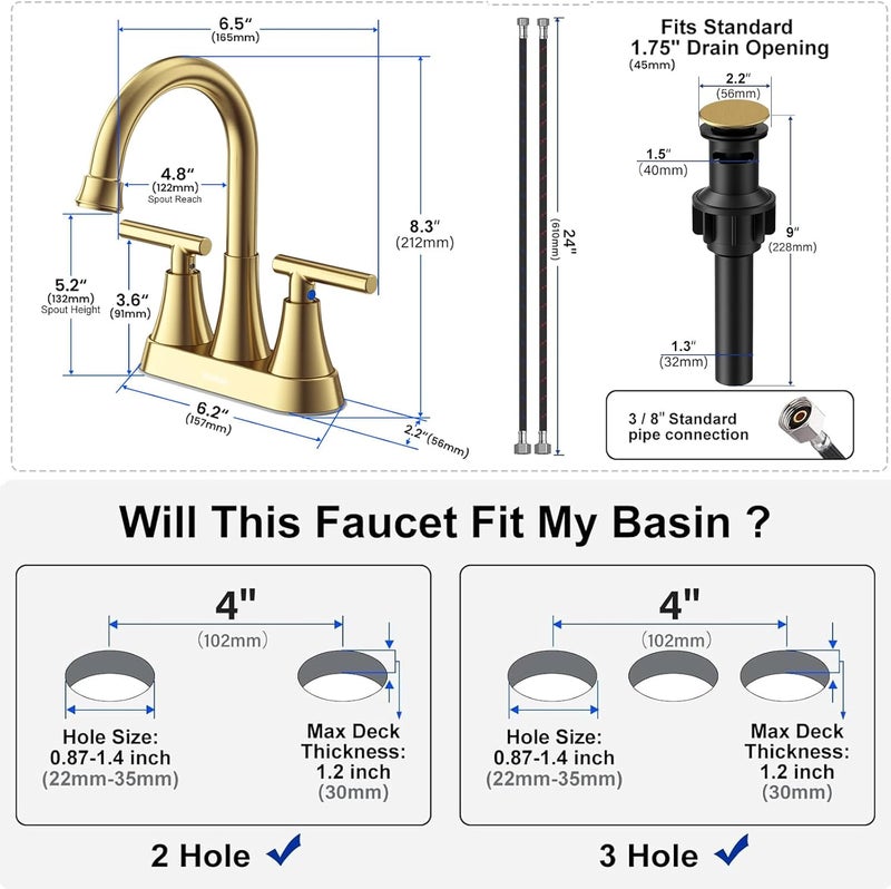 Hurran Bathroom Faucets for Sink 3 Hole, 4 inch Brushed Gold Bathroom Sink Faucet with Pop-up Drain and Supply Hoses, Stainless Steel Lead-Free Centerset Faucet for Vanity RV, 2 Pack - Image 3